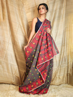 CHARUKRITI - Grey Jamdani with All Over Diamond Motif Design Saree without Blouse