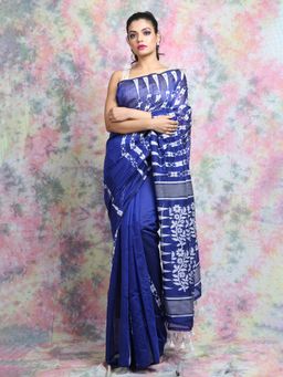 CHARUKRITI - Blue Jamdani With White Thread Weaving Saree And Jhumka Pompom Without Blouse