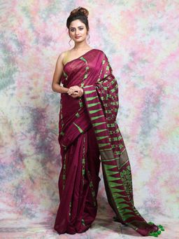 CHARUKRITI - Wine Jamdani With Green Thread Weaving Saree And Jhumka Pompom Without Blouse