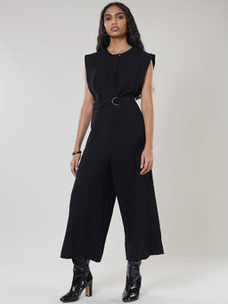 Label Ritu Kumar - Black Round Neck Cut Sleeves Jumpsuit