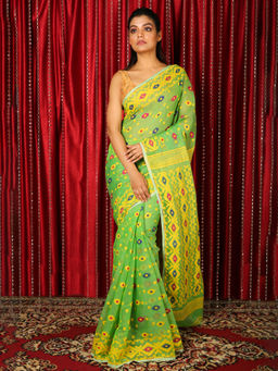CHARUKRITI - Light Green Jamdani Saree With Thread Weaving