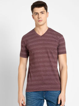 Jockey - AM50 Men Super Combed Cotton Striped V Neck Half Sleeve T-Shirt - Mauve Wine