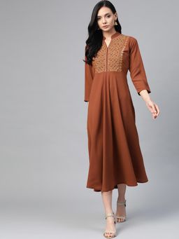 Jompers - Brown Embroidered Flared Ethnic Dress