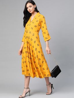 Jompers - Mustard Women Mustard Floral Print Flared Ethnic Dress