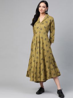 Jompers - Olive Women Olive Green Floral Print Flared Ethnic Dress