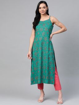 Jompers - Green Printed Rayon Shoulder Strap Kurta