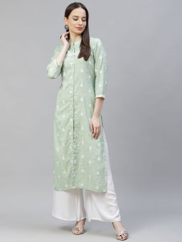 Jompers - Green Straight Ikat Kurta with Lace Work