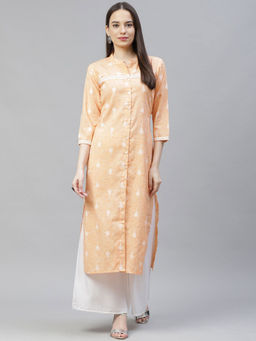 Jompers - Orange Straight Ikat Kurta with Lace Work