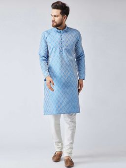 Jompers - Men Sky Blue Self Design Kurta with Churidar (Set of 2)