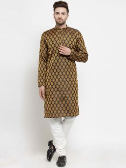Jompers - Men Black and Gold Woven Design Kurta with Churidar (Set of 2)