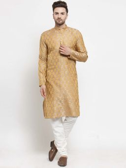Jompers - Men Silver and Gold Woven Design Kurta with Churidar (Set of 2)