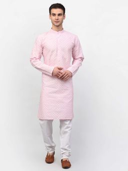 Jompers - Men Pink and White Embroidered Kurta with Pyjama (Set of 2)