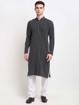 Jompers - Men Black and White Striped Cotton Kurta with Pyjama (Set of 2)