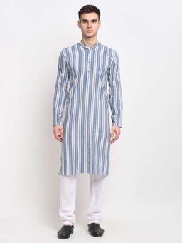 Jompers - Men Blue and White Striped Cotton Kurta with Pyjama (Set of 2)