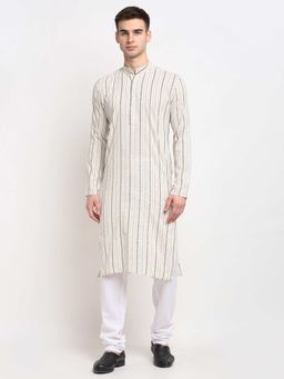 Jompers - Men Cream and White Striped Cotton Kurta with Pyjama (Set of 2)