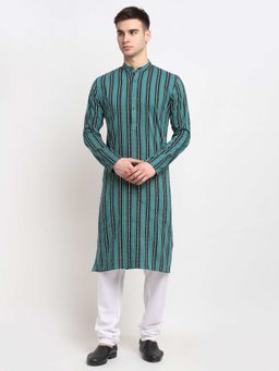 Jompers - Men Green-Black and White Striped Cotton Kurta with Pyjama (Set of 2)