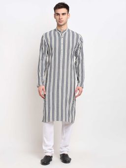 Jompers - Men Grey-Cream and White Striped Cotton Kurta with Pyjama (Set of 2)