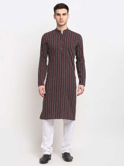 Jompers - Men Maroon-Black and White Striped Cotton Kurta with Pyjama (Set of 2)