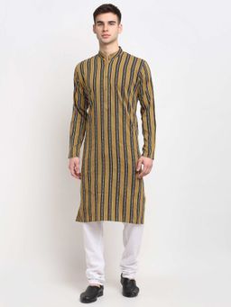 Jompers - Men Mustard-Black and White Striped Cotton Kurta with Pyjama (Set of 2)