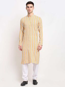Jompers - Men Yellow-Cream and White Striped Cotton Kurta with Pyjama (Set of 2)