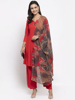 Jompers - Red Kurta With Palazzo And Printed Dupatta (Set of 3)