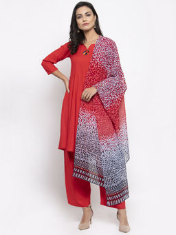 Jompers - Red Kurta With Palazzo And Printed Dupatta (Set of 3)