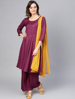 Jompers - Purple Solid Kurta With Palazzo And Dupatta (Set of 3)