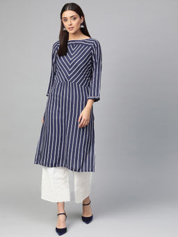 Jompers - Navy Blue Striped Kurta With Palazzo (Set of 2)