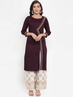 Jompers - Purple Embroidered Kurta With Gold Print Palazzo (Set of 2)