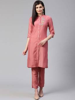 Jompers - Powder Pink Cotton Silk Embroidered Kurta With Pant (Set of 2)