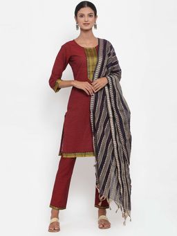 Jompers - Maroon Pure Cotton Kurta With Pant & Woven Design Dupatta (Set of 3)