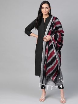 Jompers - Women Black Khadi Cotton Kurta With Pants And Ikkat Dupatta (Set of 3)