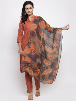 Jompers - Rust Kurta With Pant And Printed Dupatta (Set of 3)