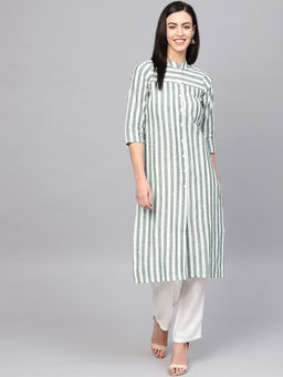 Jompers - Green Striped Kurta With Pants (Set of 2)