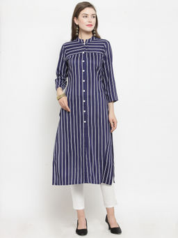 Jompers - Navy Blue Striped Kurta With Pants (Set of 2)