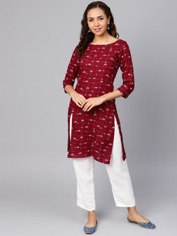 Jompers - Maroon Printed Kurta With Pants (Set of 2)