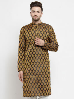 Jompers - Men Black & Gold Woven Design Kurtas