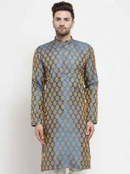Jompers - Men Blue & Gold Woven Design Kurtas