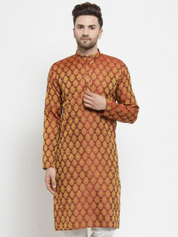 Jompers - Men Maroon & Gold Woven Design Kurtas