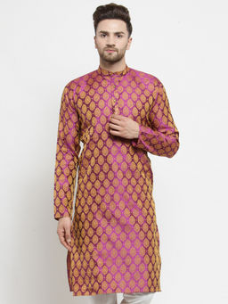 Jompers - Men Pink & Gold Woven Design Kurtas
