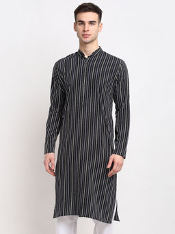 Jompers - Men Black & White Striped Cotton Kurtas