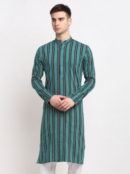 Jompers - Mens Green Black & White Striped Cotton Kurtas