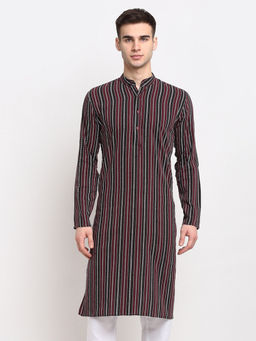 Jompers - Mens Maroon Black & White Striped Cotton Kurtas