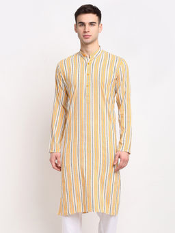 Jompers - Mens Yellow Cream & White Striped Cotton Kurtas