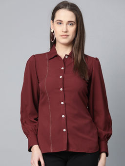 Jompers - Maroon Crystals Lines & Puff Sleeves Shirt