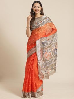 Akhilam - Orange Geometric Saree With Unstitched Blouse