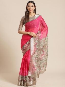 Akhilam - Pink Geometric Saree With Unstitched Blouse