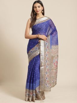 Akhilam - Blue Geometric Saree With Unstitched Blouse