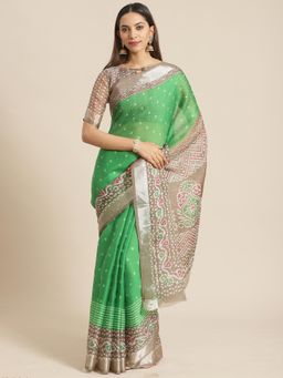 Akhilam - Green Geometric Saree With Unstitched Blouse