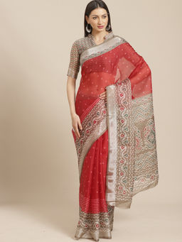 Akhilam - Maroon Geometric Saree With Unstitched Blouse